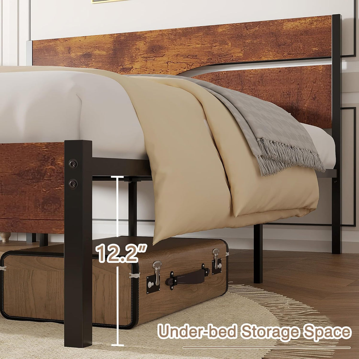 Full Size Metal Platform Bed with Wooden Headboard and Footboard W744088