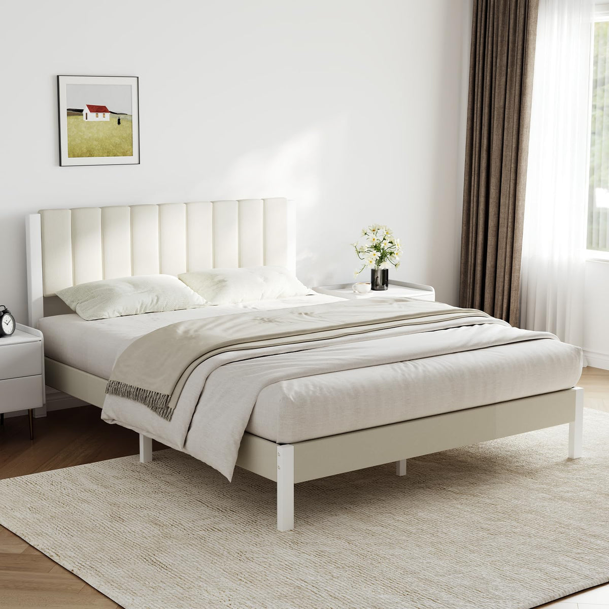 Full Size Metal Platform Bed Frame with Velvet White Headboard Y243710