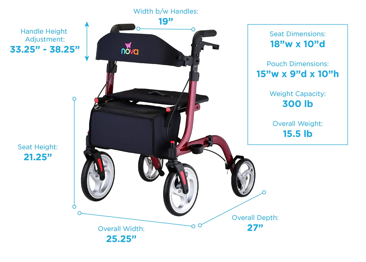 Red Compact Foldable Rollator Walker with Cane Holder B9375