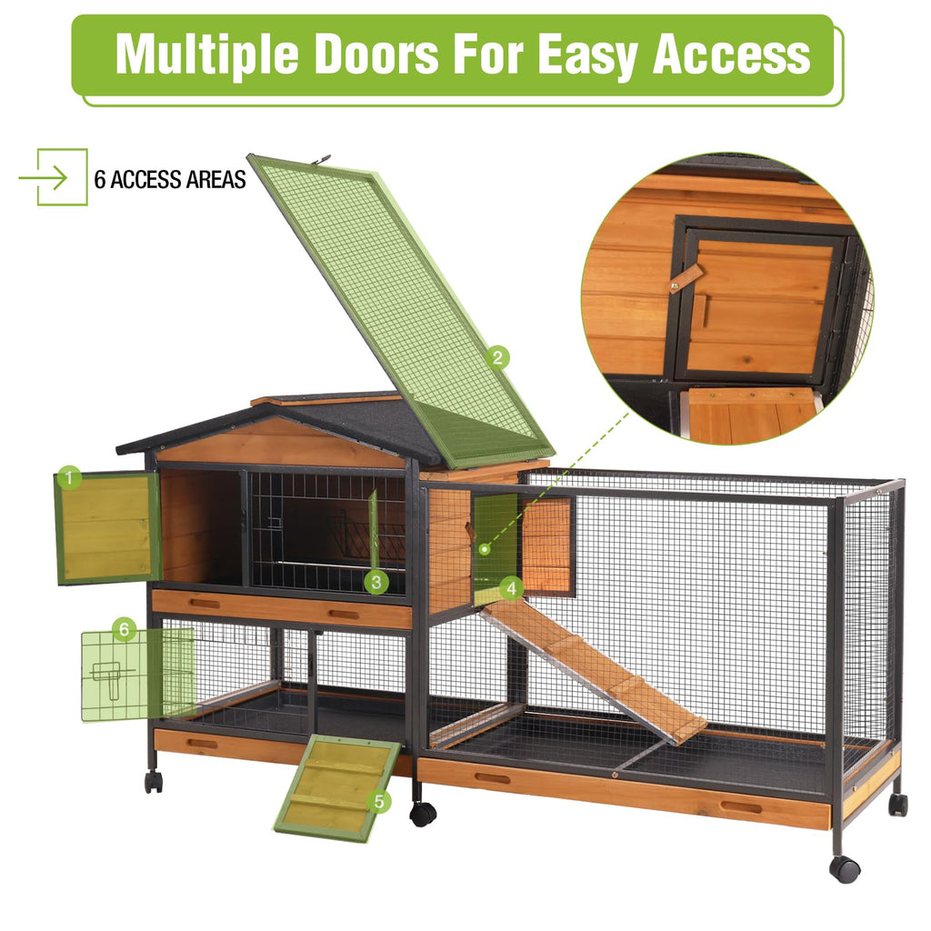 Wooden Rabbit Hutch with Wheels and Pull-Out Tray W517735
