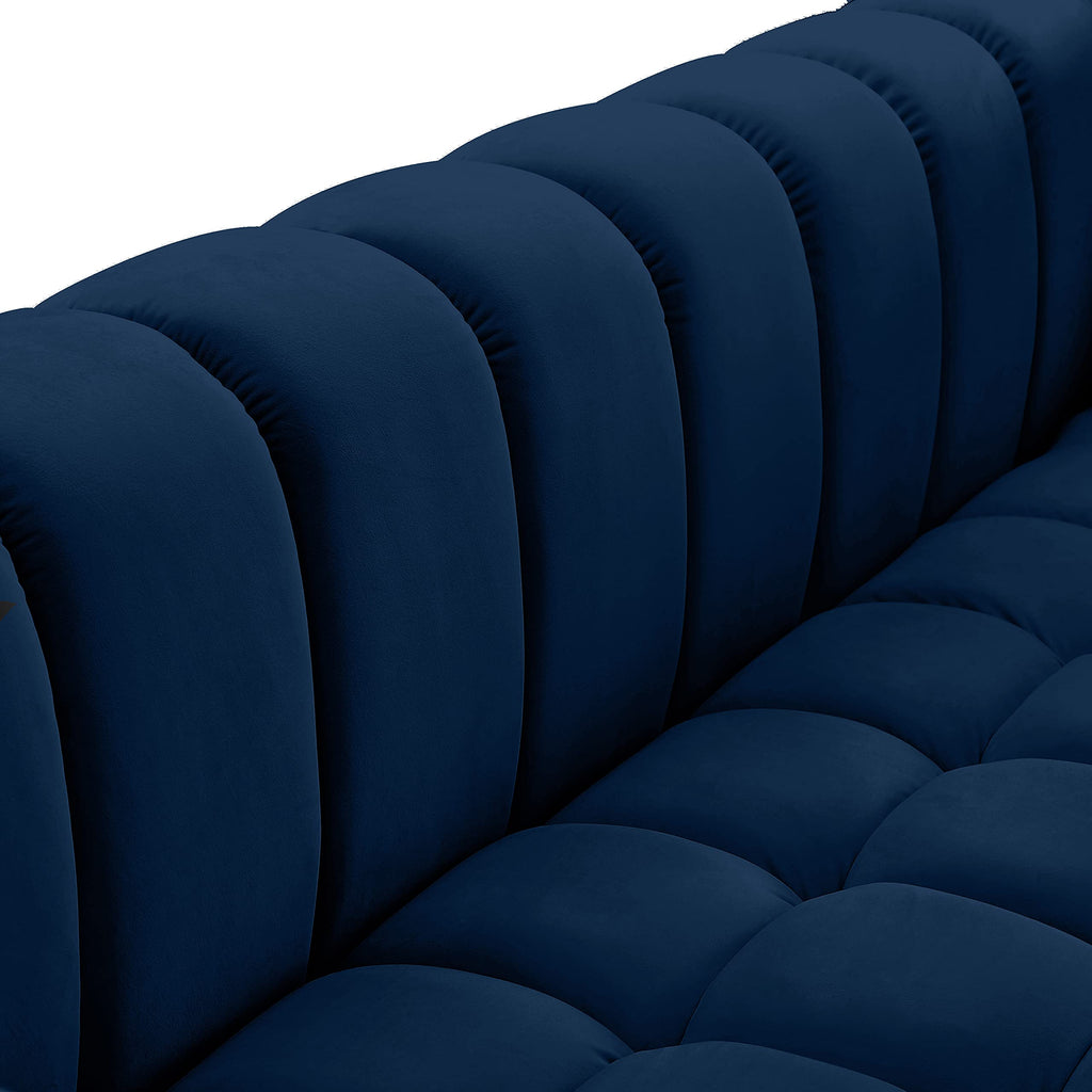 Navy Velvet Upholstered Sofa with Deep Biscuit Tufting W5277