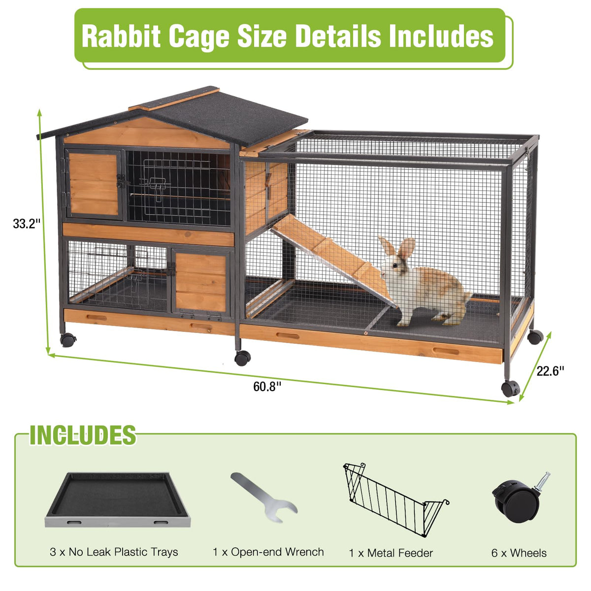 Wooden Rabbit Hutch with Wheels and Pull-Out Tray W517735
