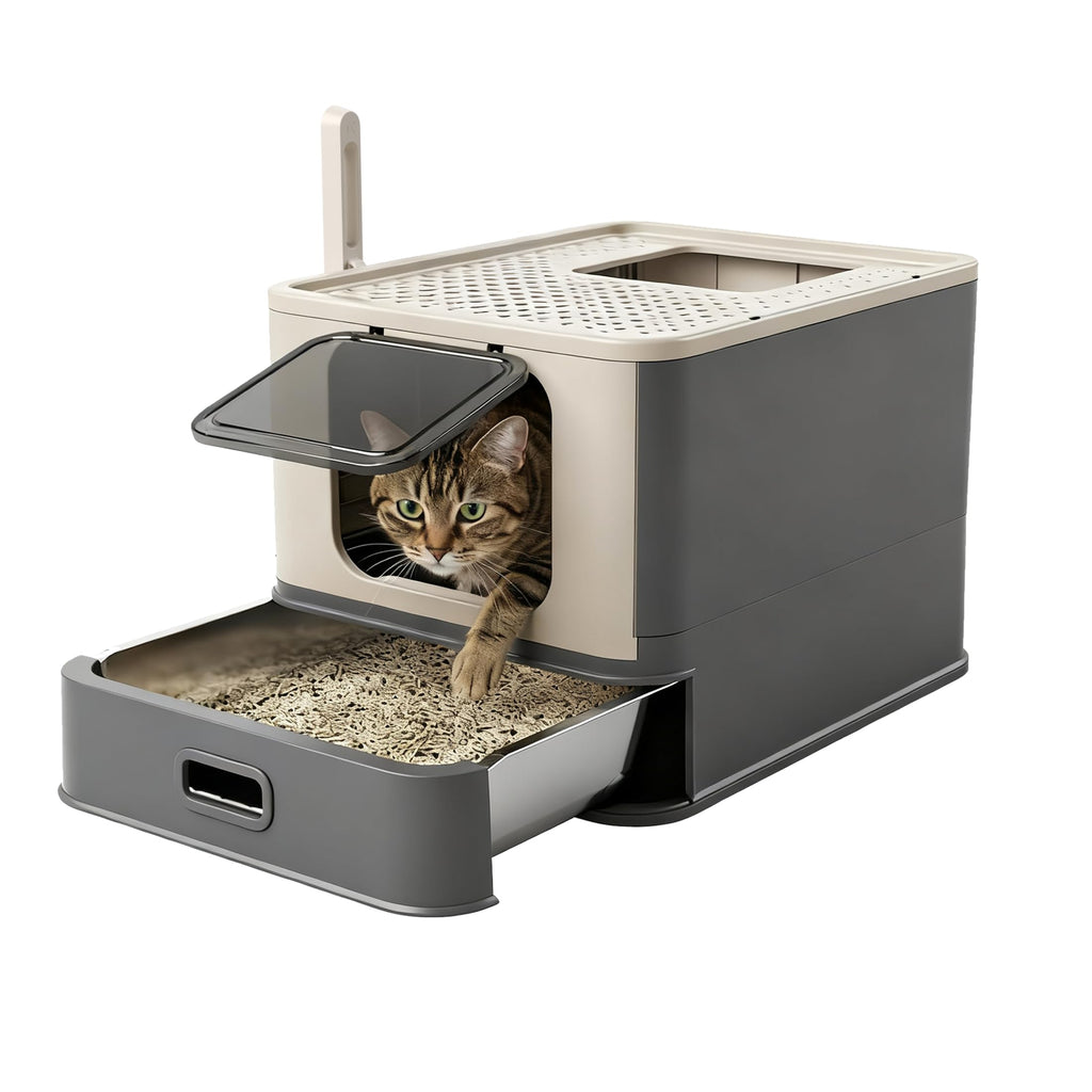 XL Enclosed Stainless Steel Cat Litter Box with Pull-Out Drawer N426