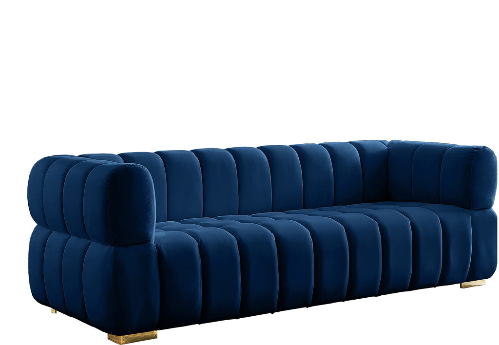 Navy Velvet Upholstered Sofa with Deep Biscuit Tufting W5277