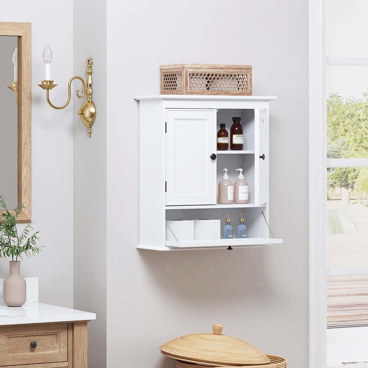 White Bathroom Wall Cabinet with Doors O297999