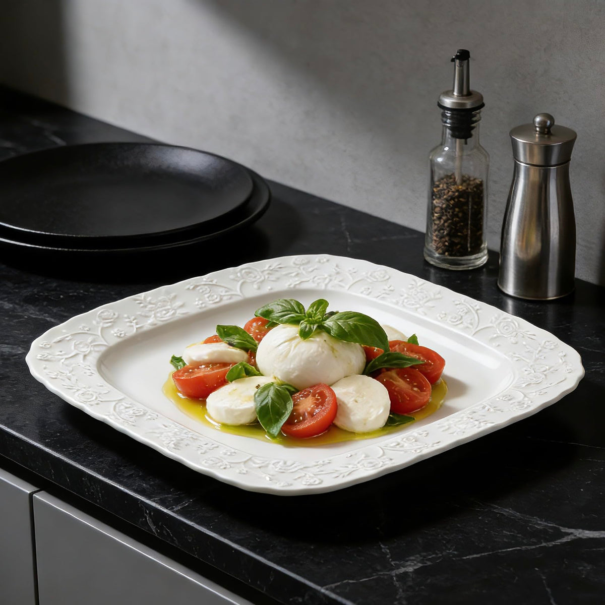 Ceramic Square Dinner Plates Set of 4, 10 & 12 Inch Embossed Salad Plates C517