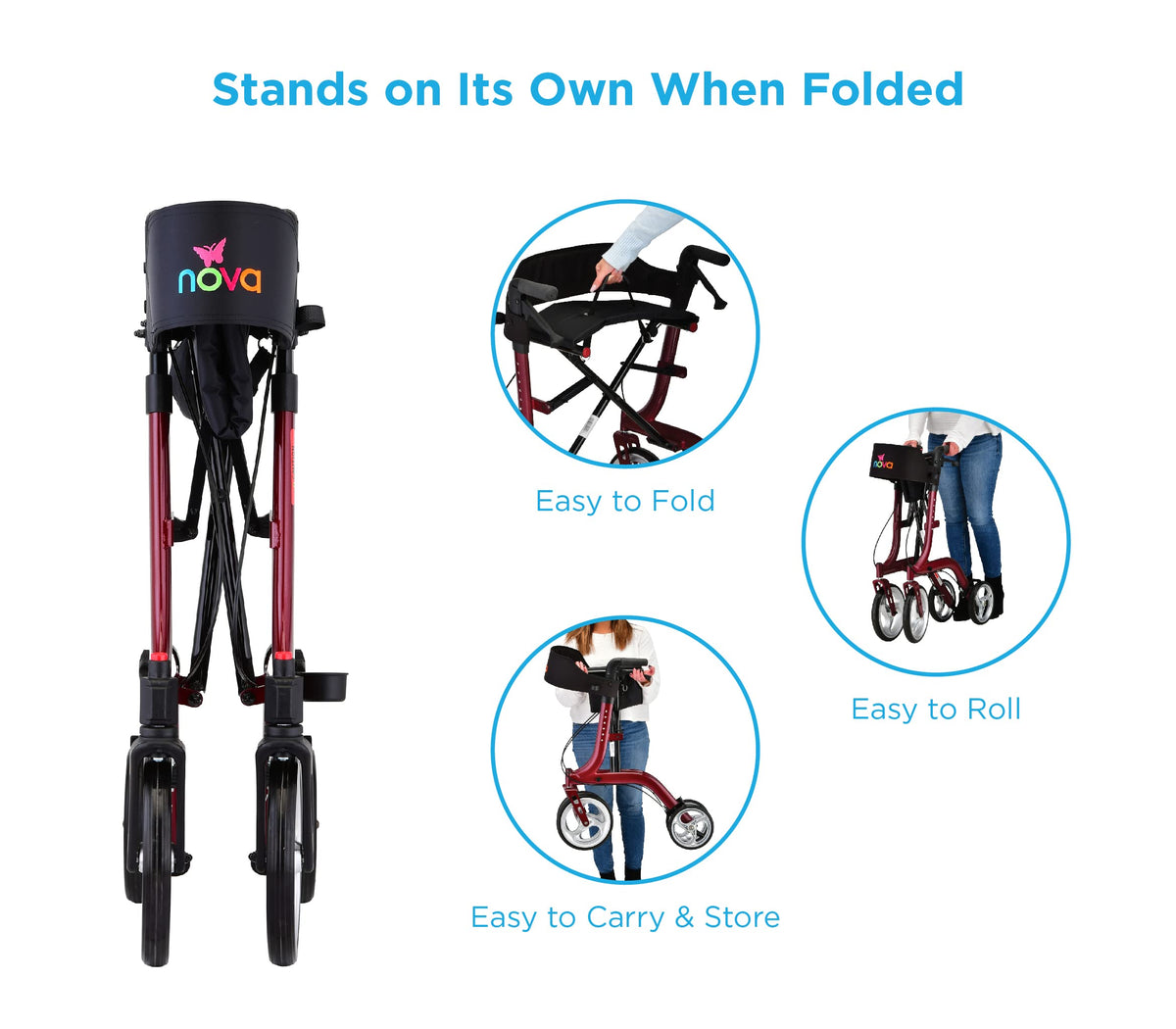 Red Compact Foldable Rollator Walker with Cane Holder B9375