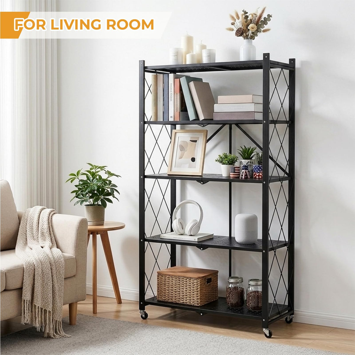 5 Tier Foldable Metal Storage Shelf with Wheels C81079