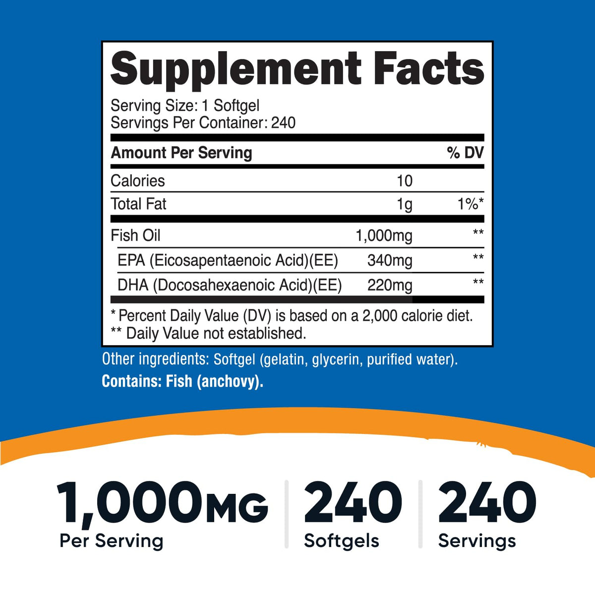 Fish Oil Omega 3 Softgels with EPA & DHA, 240 Softgels N3452