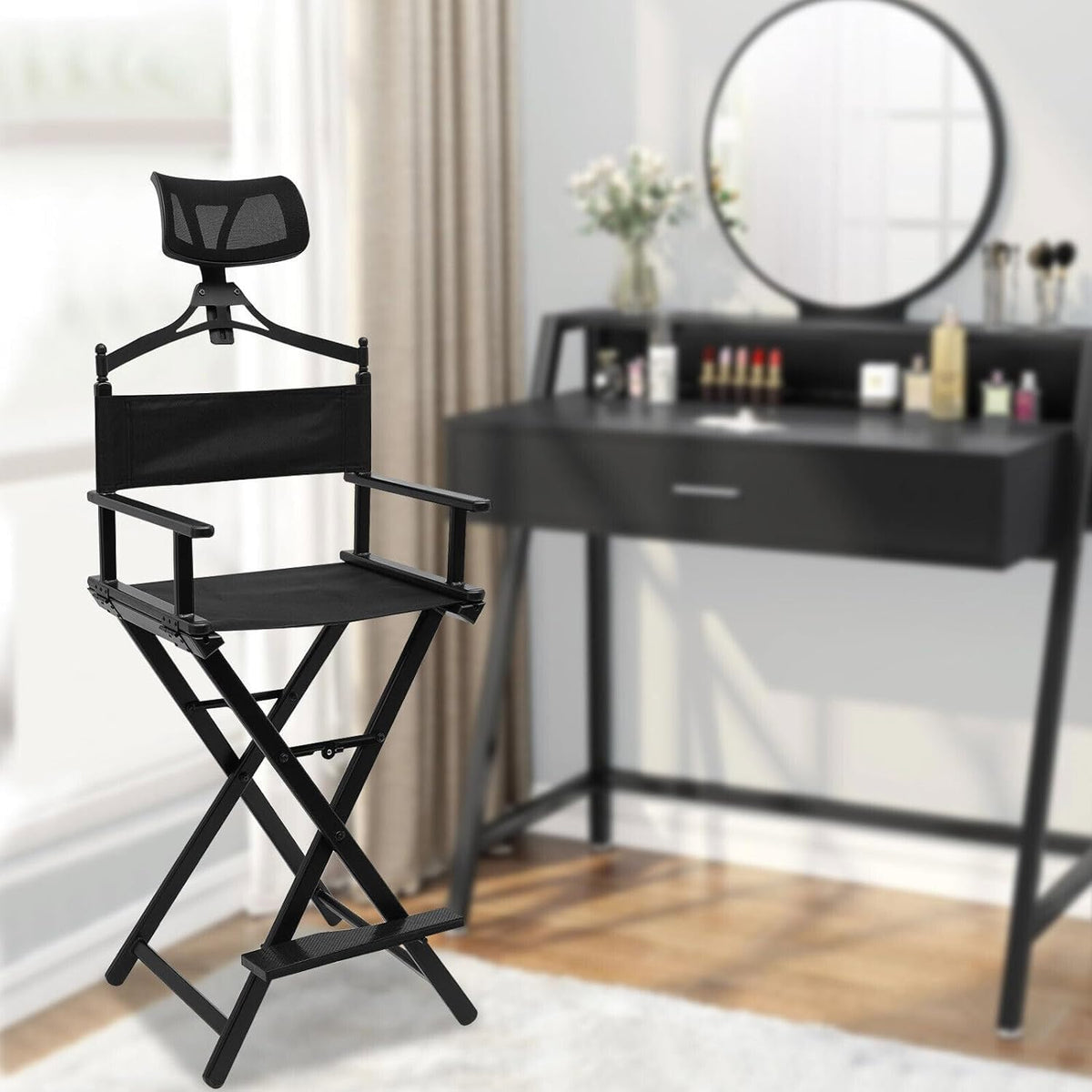 Foldable Stool with Head Rest, Portable Camping Chair, Supports Up to 300 Lbs, Gold L29797