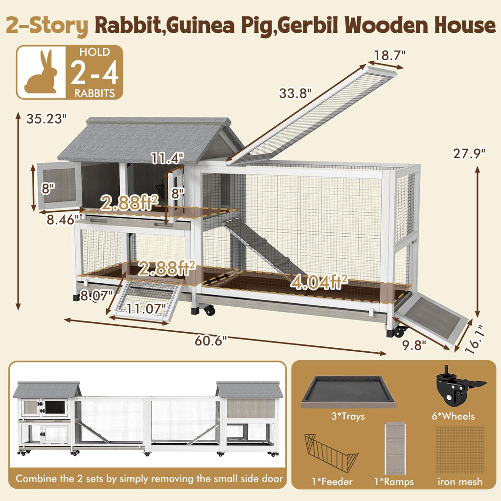 2-Story Wooden Rabbit Hutch with 3 Removable Trays F400273