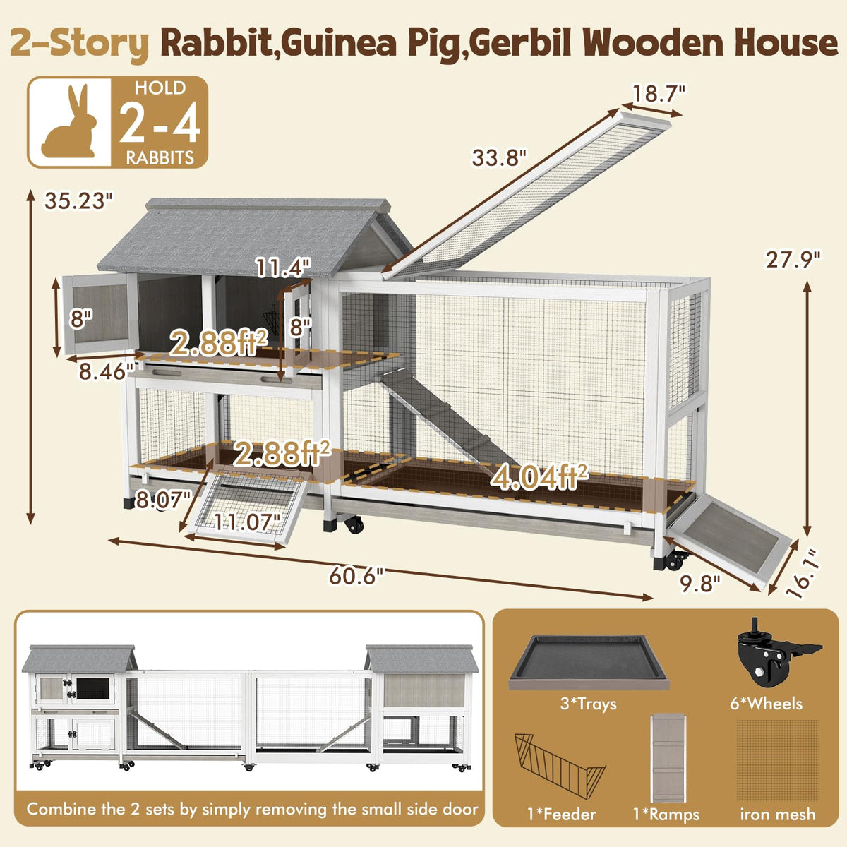 2-Story Wooden Rabbit Hutch with 3 Removable Trays F400273