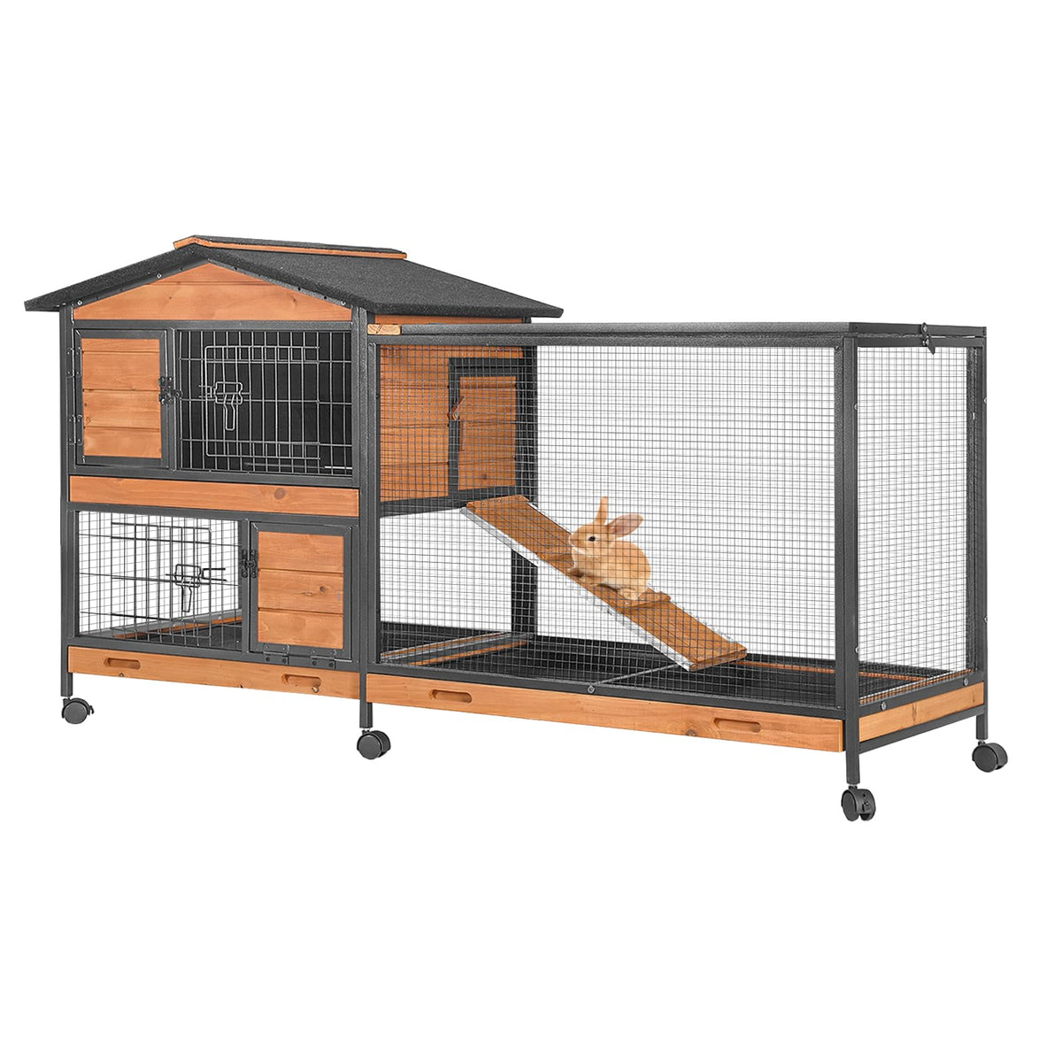 Wooden Rabbit Hutch with Wheels and Pull-Out Tray W517735