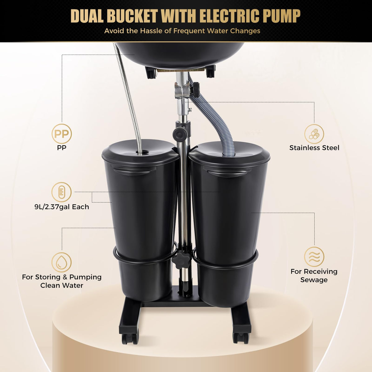 Portable Shampoo Basin with 2 Buckets and Electric Pump I8416
