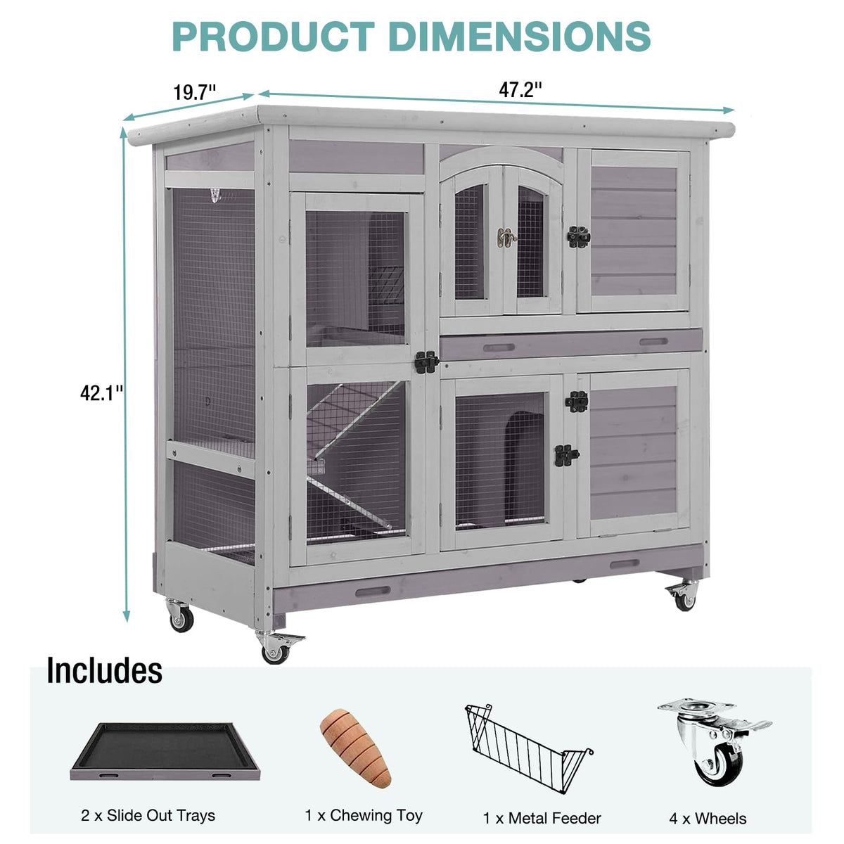 2-Tier Wooden Small Animal Cage with Trays, Wheels & Ramp W958