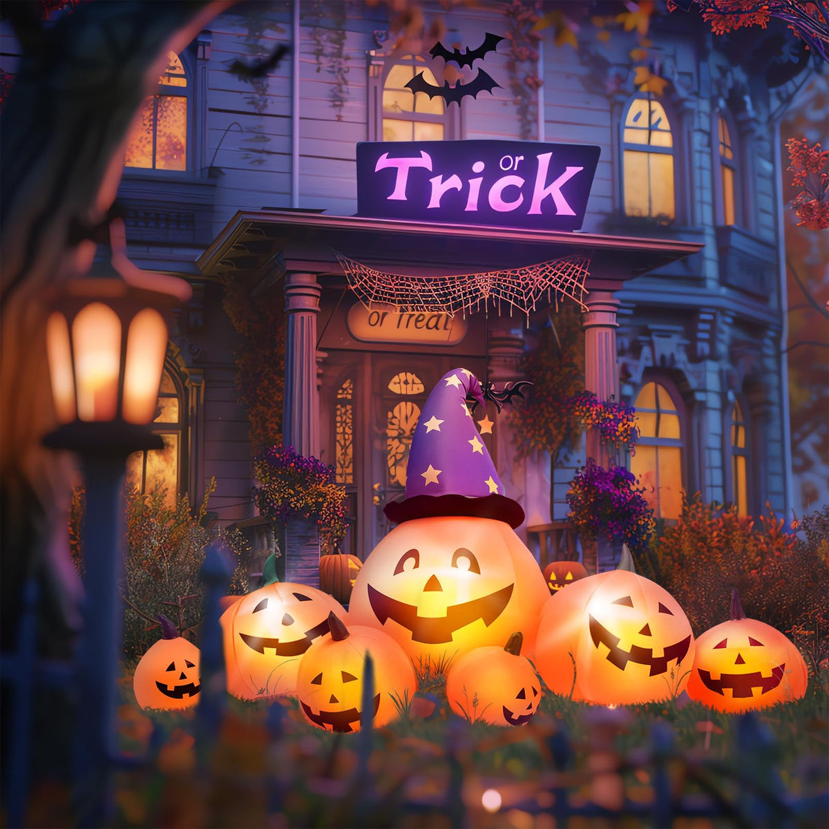 8 FT Inflatable Pumpkins and Witch Hat with Built-in LED Lights C5855