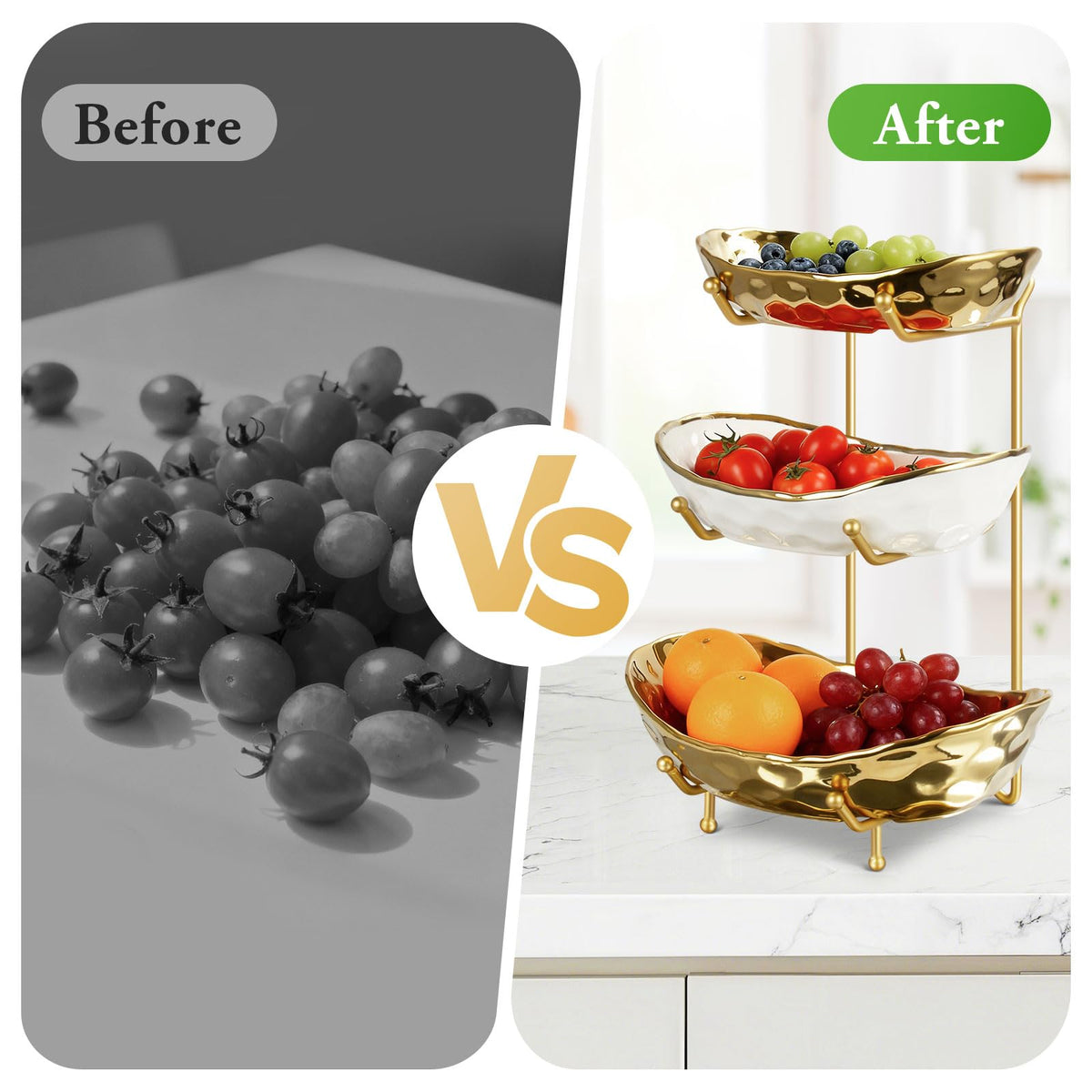3 Tier Ceramic Fruit Bowl with Metal Stand A248801