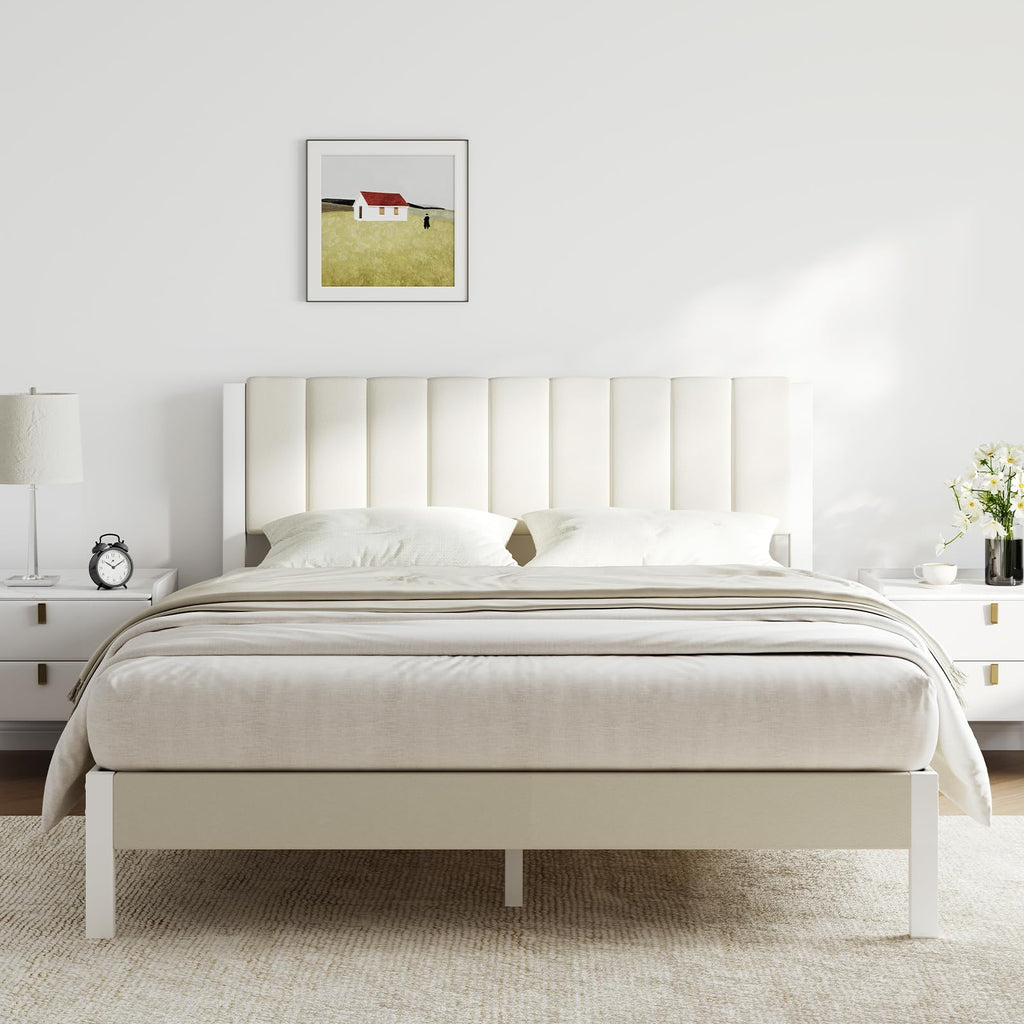 Full Size Metal Platform Bed Frame with Velvet White Headboard Y243710
