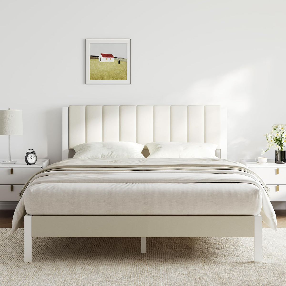 Full Size Metal Platform Bed Frame with Velvet White Headboard Y243710