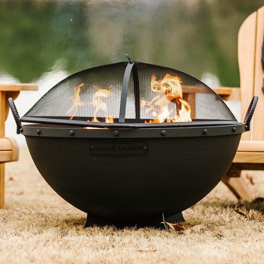 32in Cast Iron Wood Burning Fire Pit with Screen and Poker L264538