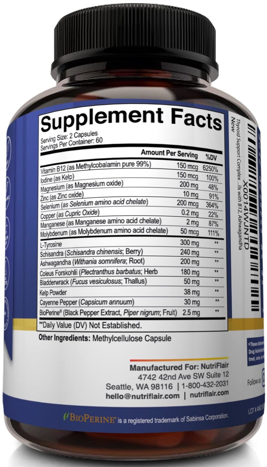 Thyroid Support Complex with Iodine, B12 & Ashwagandha, 120 Caps L12824