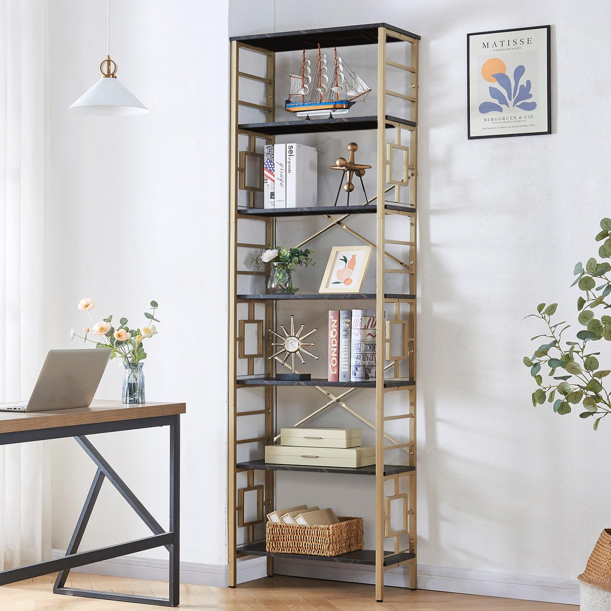 7-Tier Black Gold Metal Bookcase Y6816