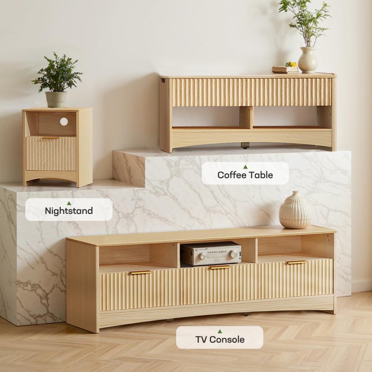 Oak Fluted TV Stand for 65 inch TV with Drawers X9194