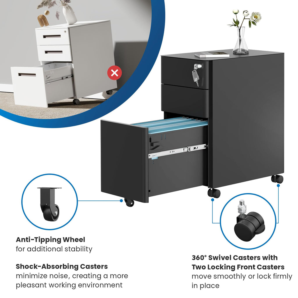 Black 3 Drawer Rolling File Cabinet with Lock M14393