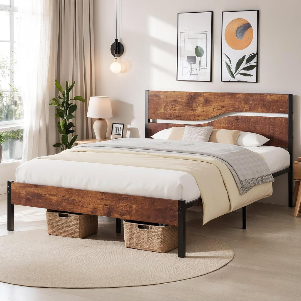 Full Size Metal Platform Bed with Wooden Headboard and Footboard W744088