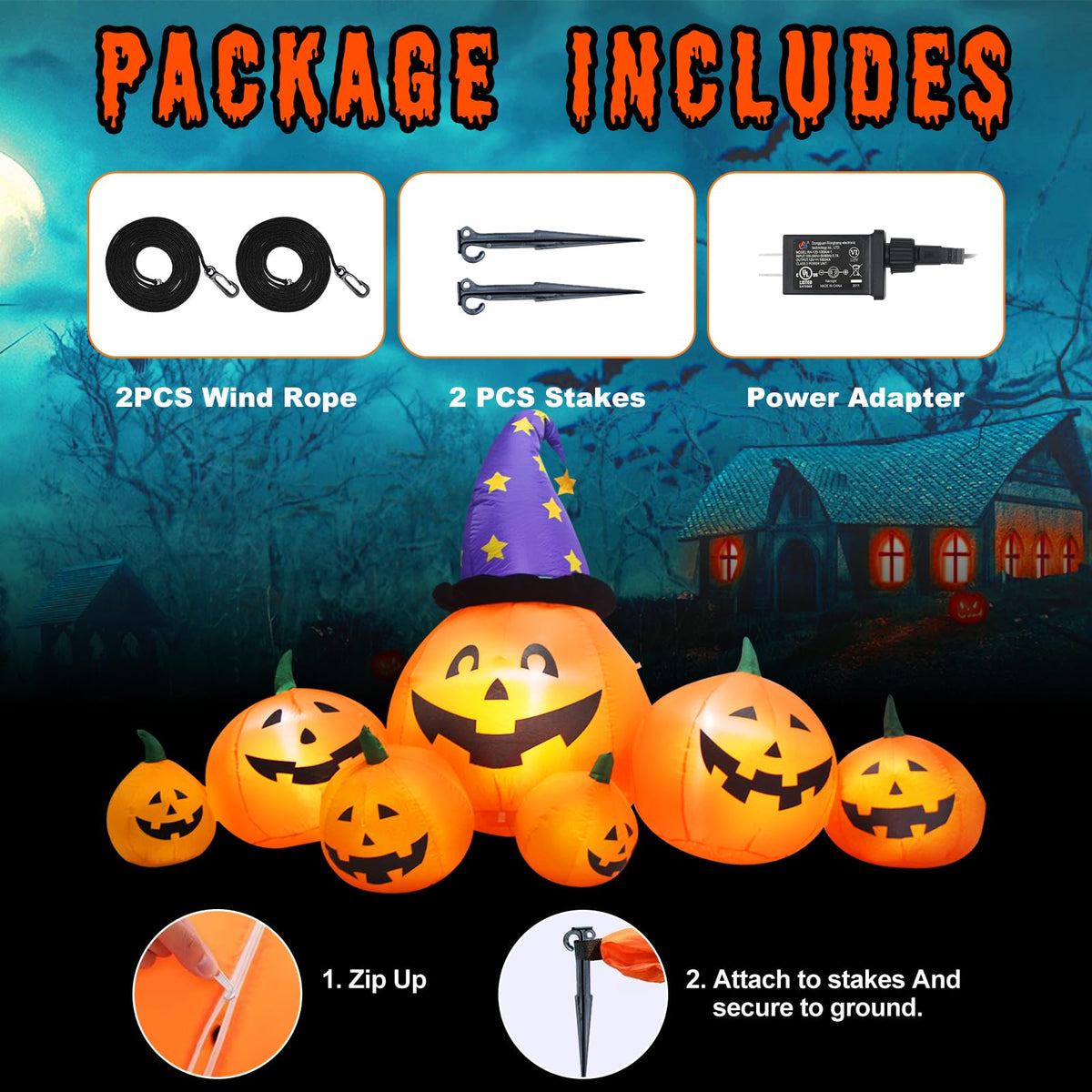 8 FT Inflatable Pumpkins and Witch Hat with Built-in LED Lights C5855
