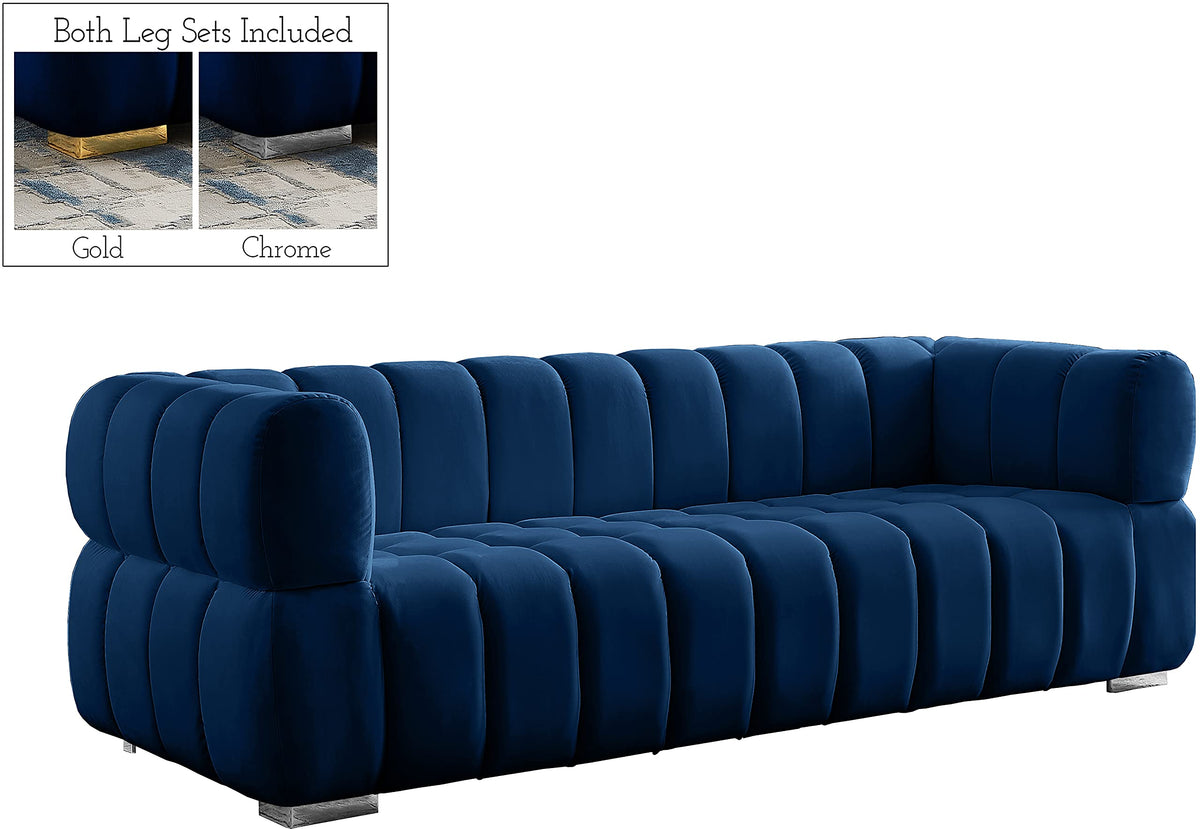 Navy Velvet Upholstered Sofa with Deep Biscuit Tufting W5277