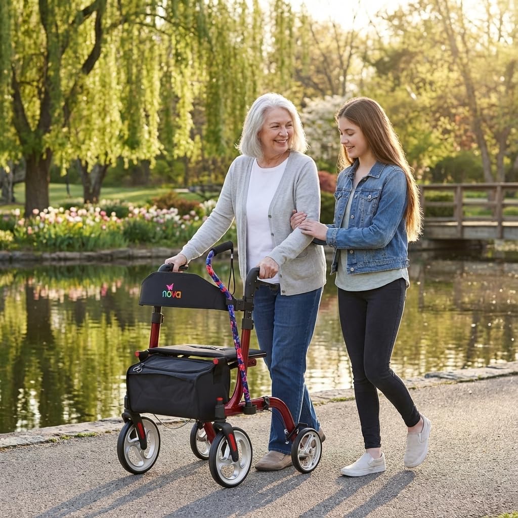 Red Compact Foldable Rollator Walker with Cane Holder B9375