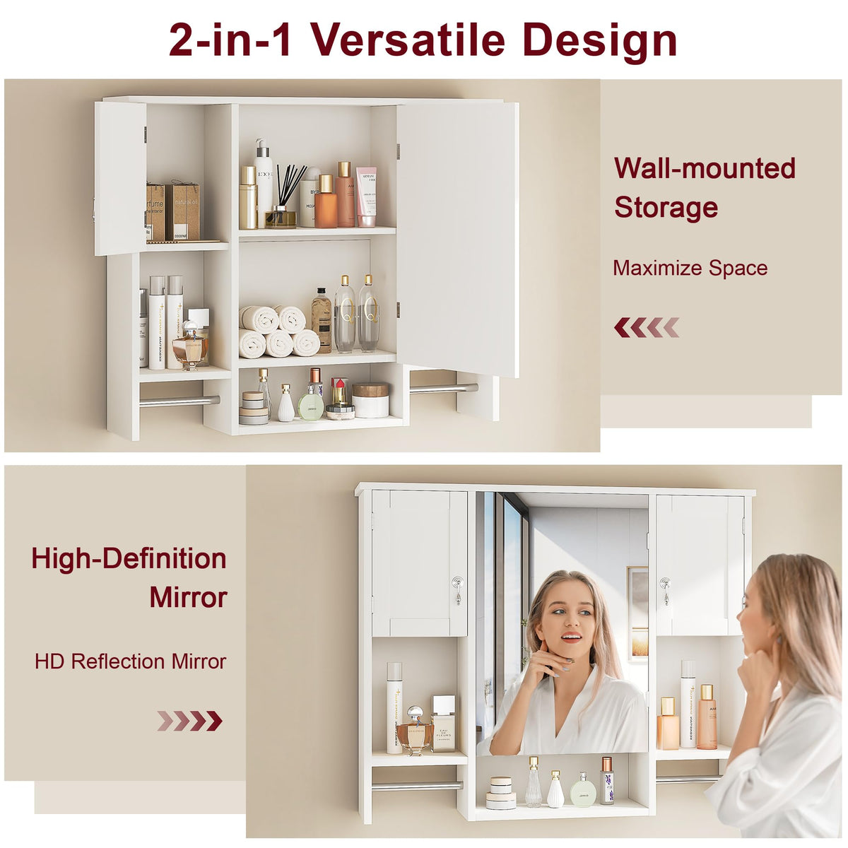 Large White Wall Mounted Bathroom Cabinet with Mirror D734089