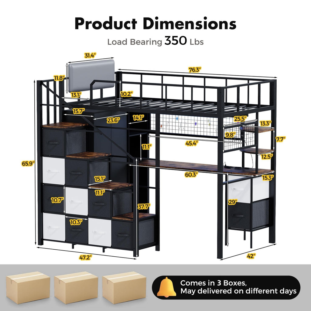 Twin Size Metal Loft Bed with Desk, Stairs, LED Light, Headboard, Guardrail, Charging Station, Closet and Fabric Drawers, Black & Burnt Wood T81346