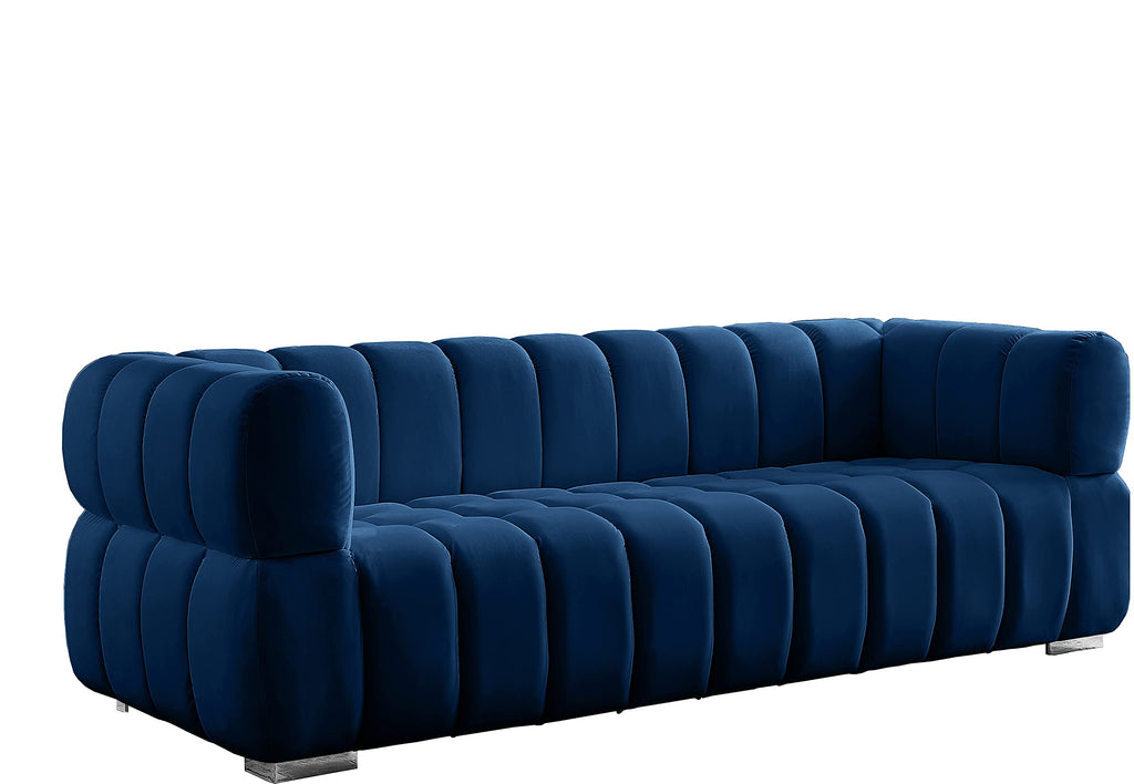 Navy Velvet Upholstered Sofa with Deep Biscuit Tufting W5277