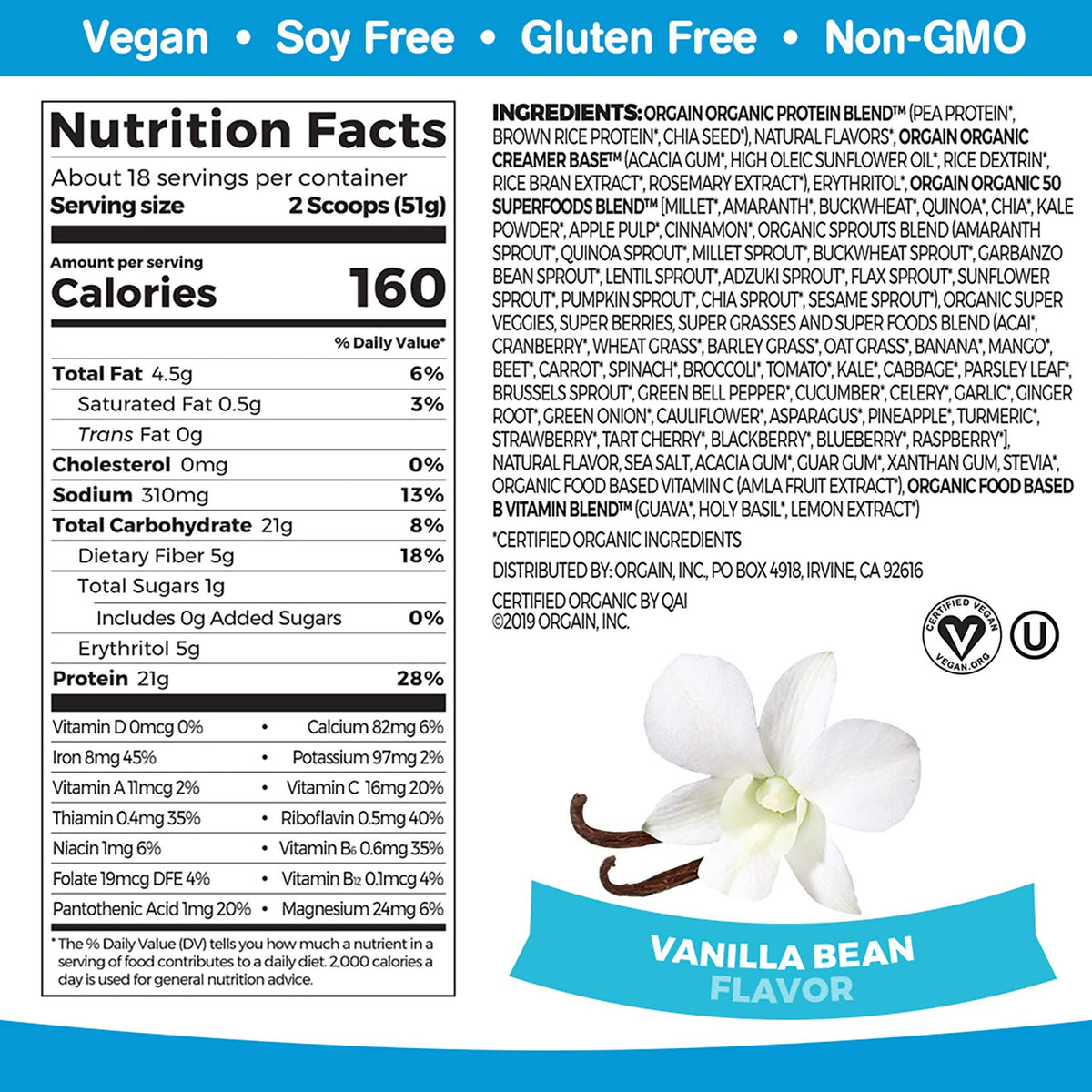 Organic Vegan Protein Powder + Greens, Creamy Chocolate Fudge, Vanilla Bean A5058