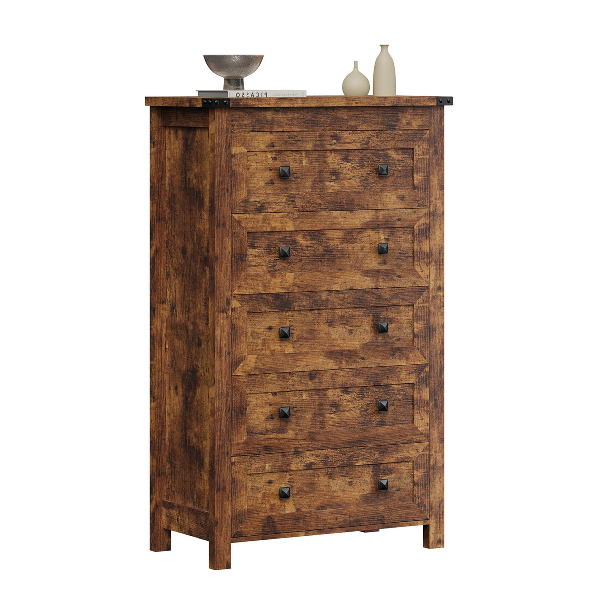 Brown Tall 5 Drawer Wood Dresser with Metal Handles S46934