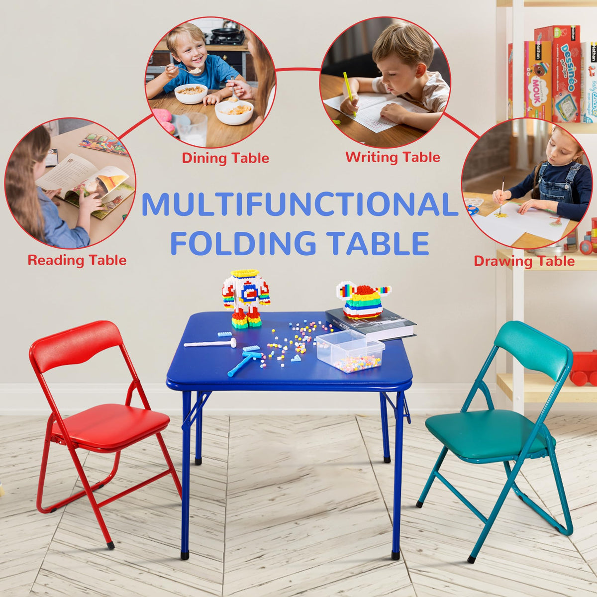 Kids Folding Square Table with Vinyl Padded Top, Blue J717478