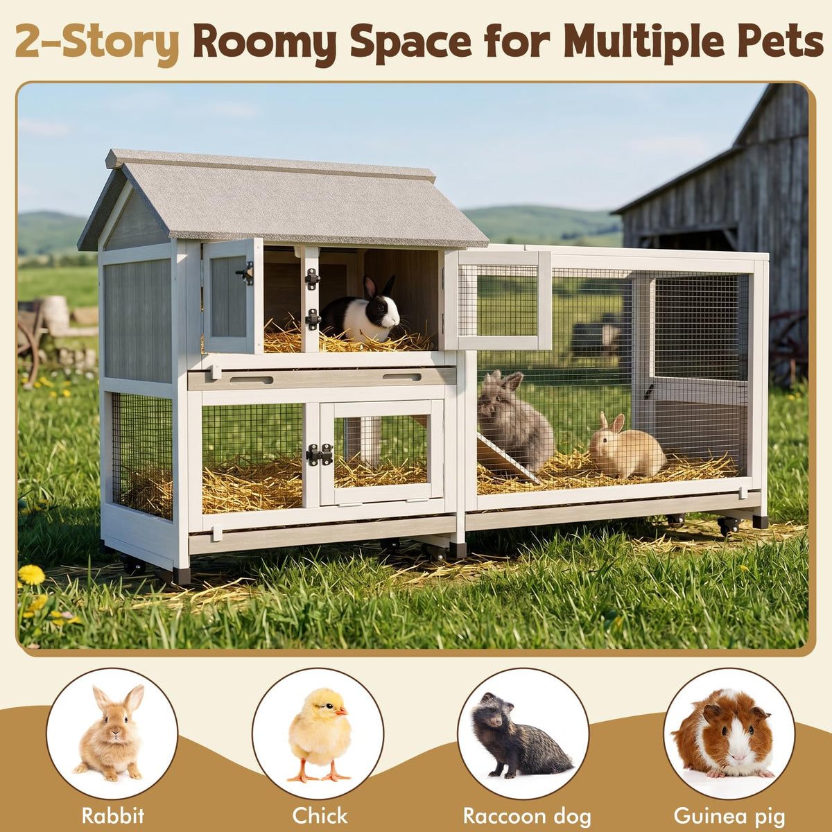 2-Story Wooden Rabbit Hutch with 3 Removable Trays F400273