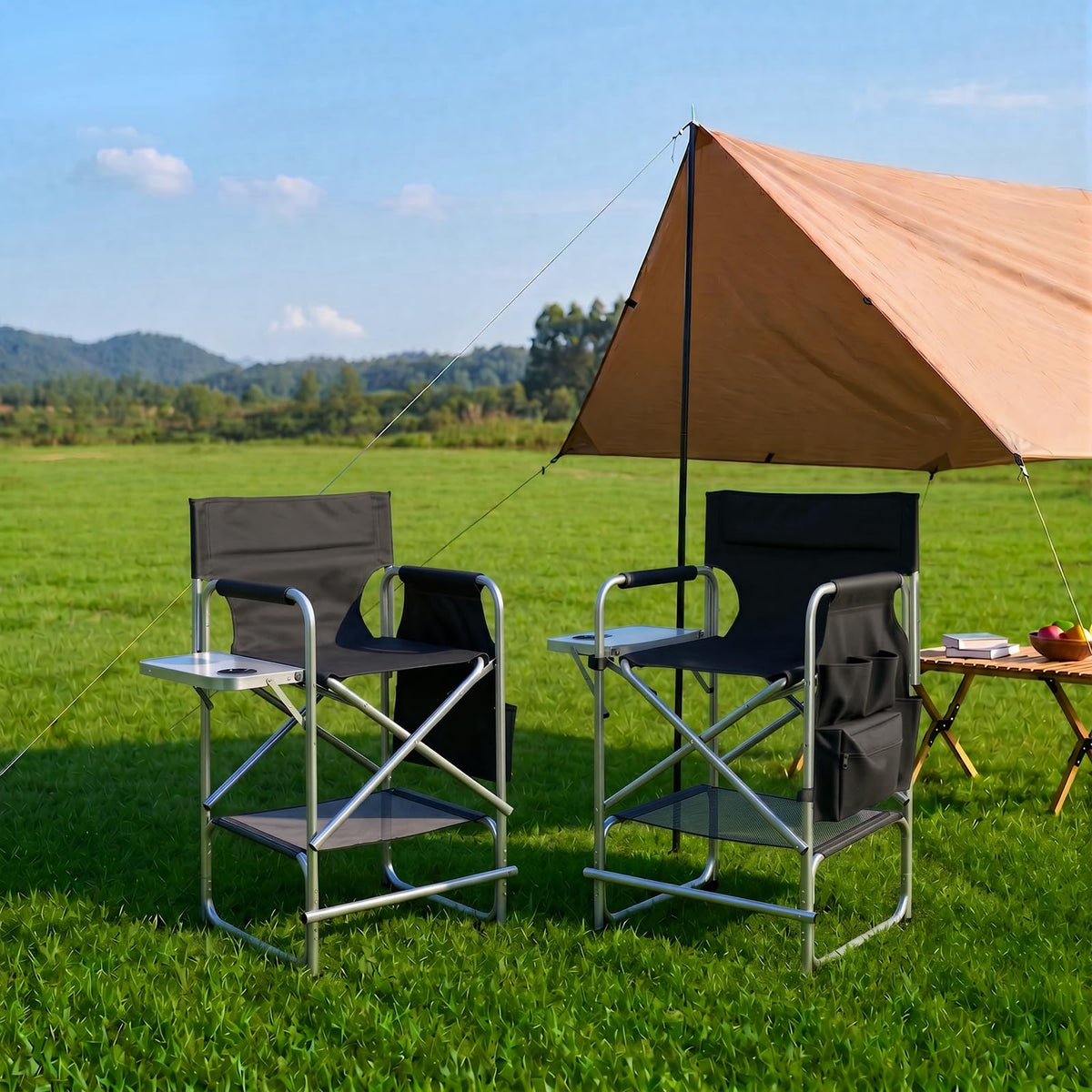 Black Foldable Makeup Chair with Side Table & Footrest A71783