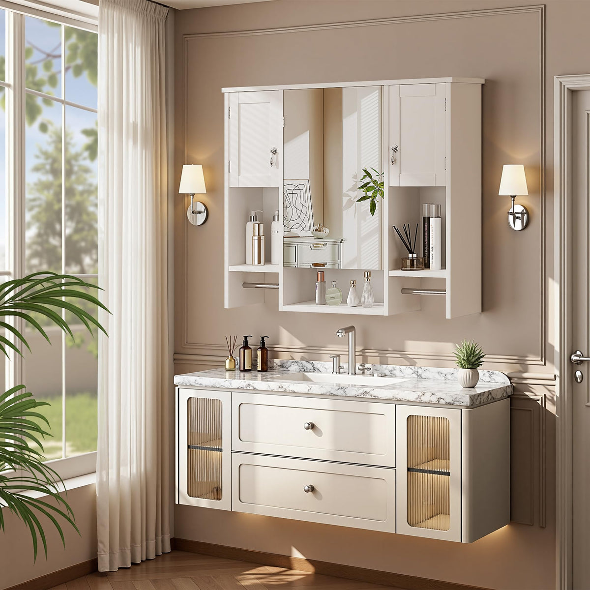 Large White Wall Mounted Bathroom Cabinet with Mirror D734089
