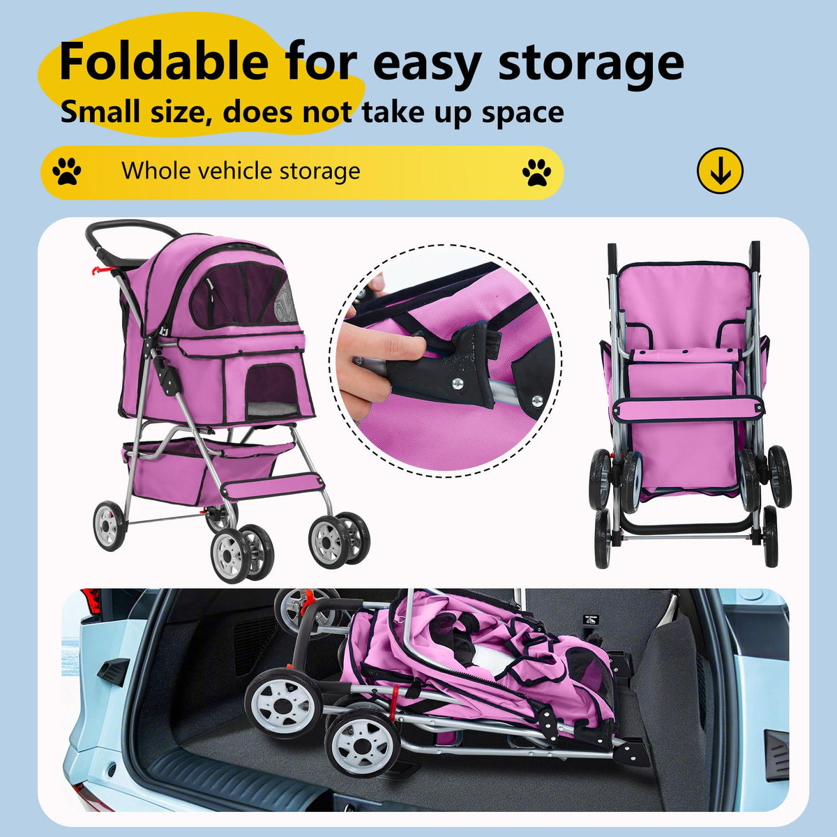 4-Wheel Foldable Pet Stroller Pink M7252