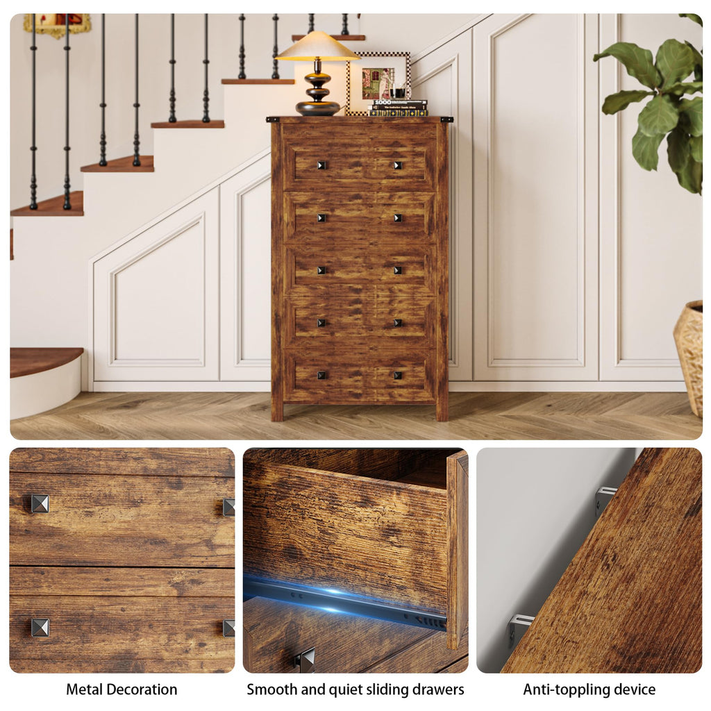 Brown Tall 5 Drawer Wood Dresser with Metal Handles S46934
