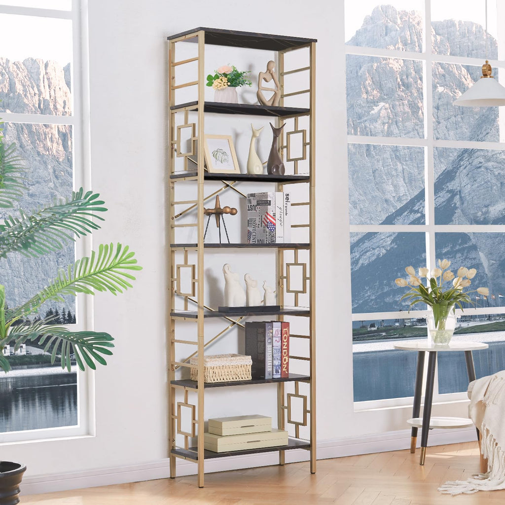7-Tier Black Gold Metal Bookcase Y6816
