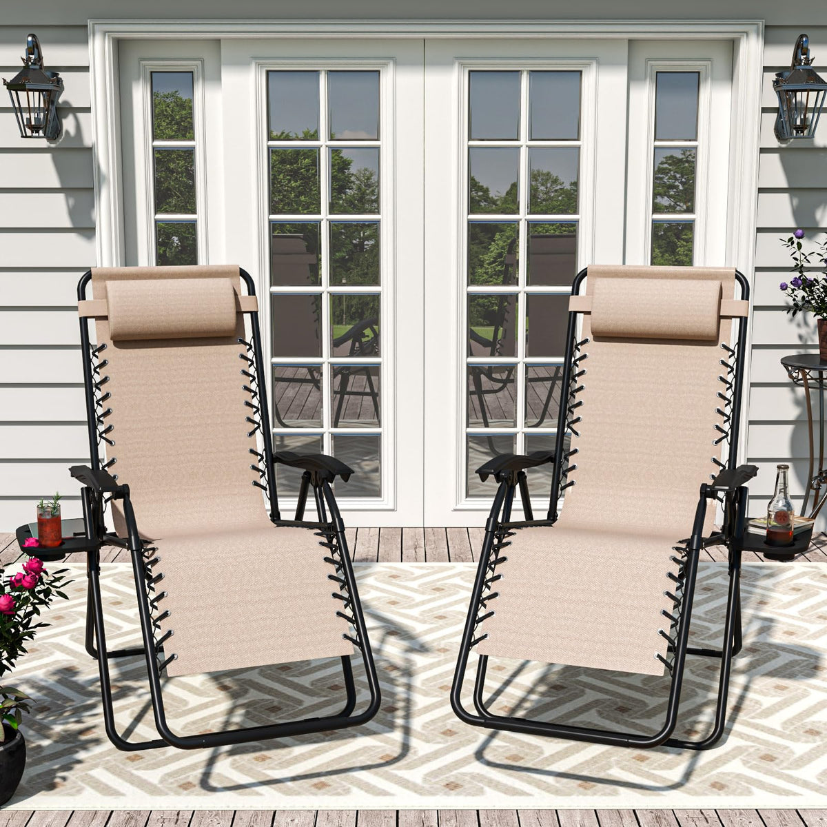 Set of 2 Adjustable Zero Gravity Lounge Chairs with Cup Holder Tray I761677