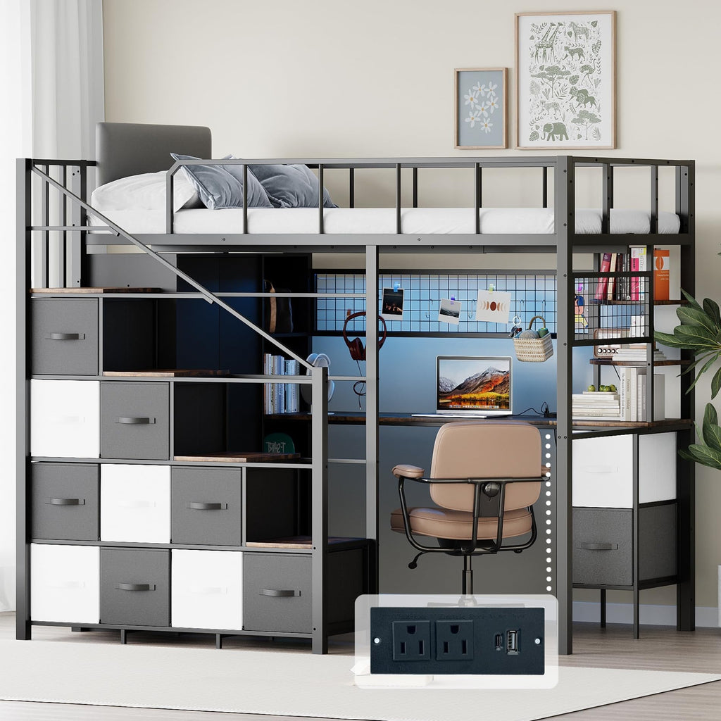 Twin Size Metal Loft Bed with Desk, Stairs, LED Light, Headboard, Guardrail, Charging Station, Closet and Fabric Drawers, Black & Burnt Wood T81346
