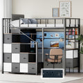 Twin Size Metal Loft Bed with Desk, Stairs, LED Light, Headboard, Guardrail, Charging Station, Closet and Fabric Drawers, Black & Burnt Wood T81346