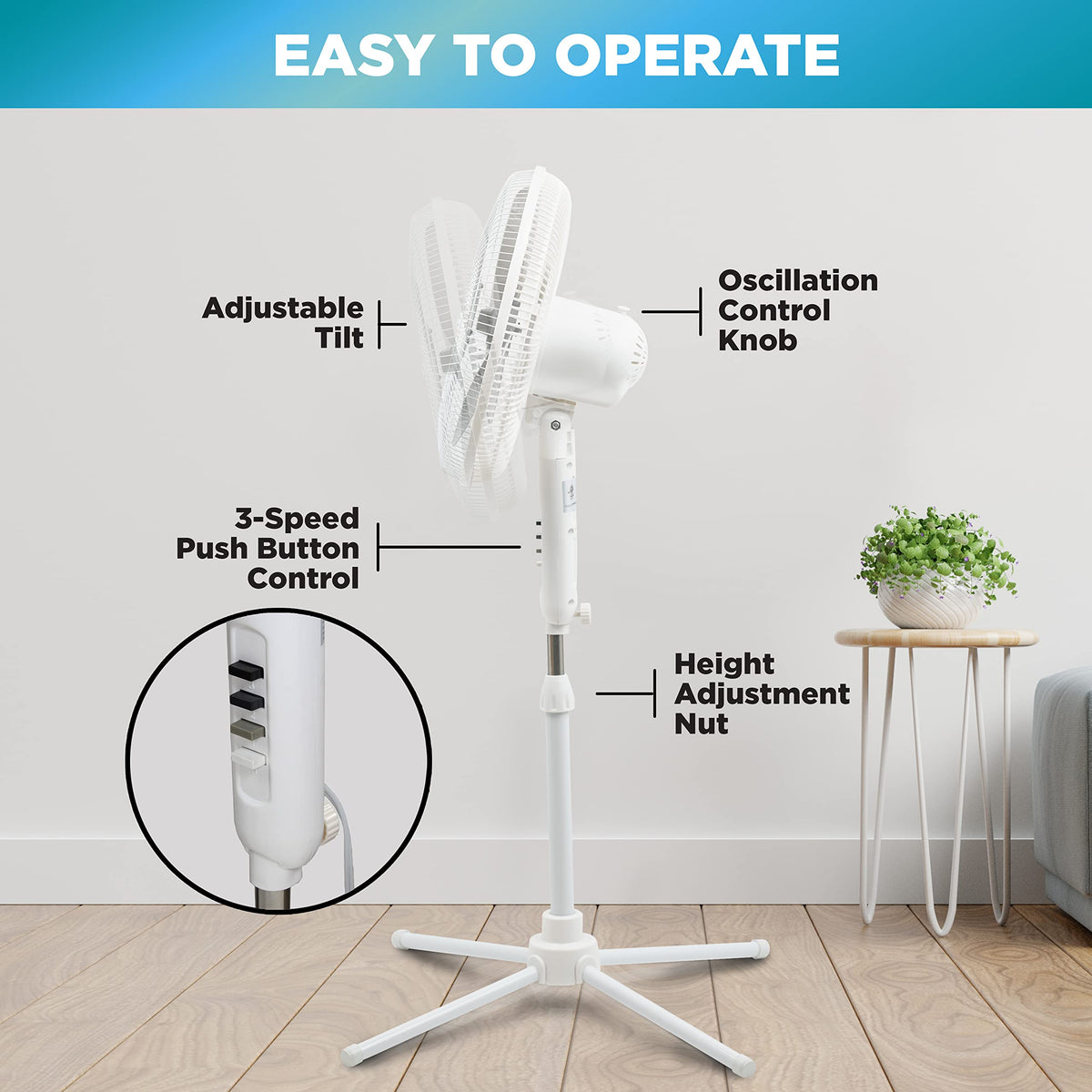 16 inch 3 Speed Oscillating Pedestal Fan White F14443