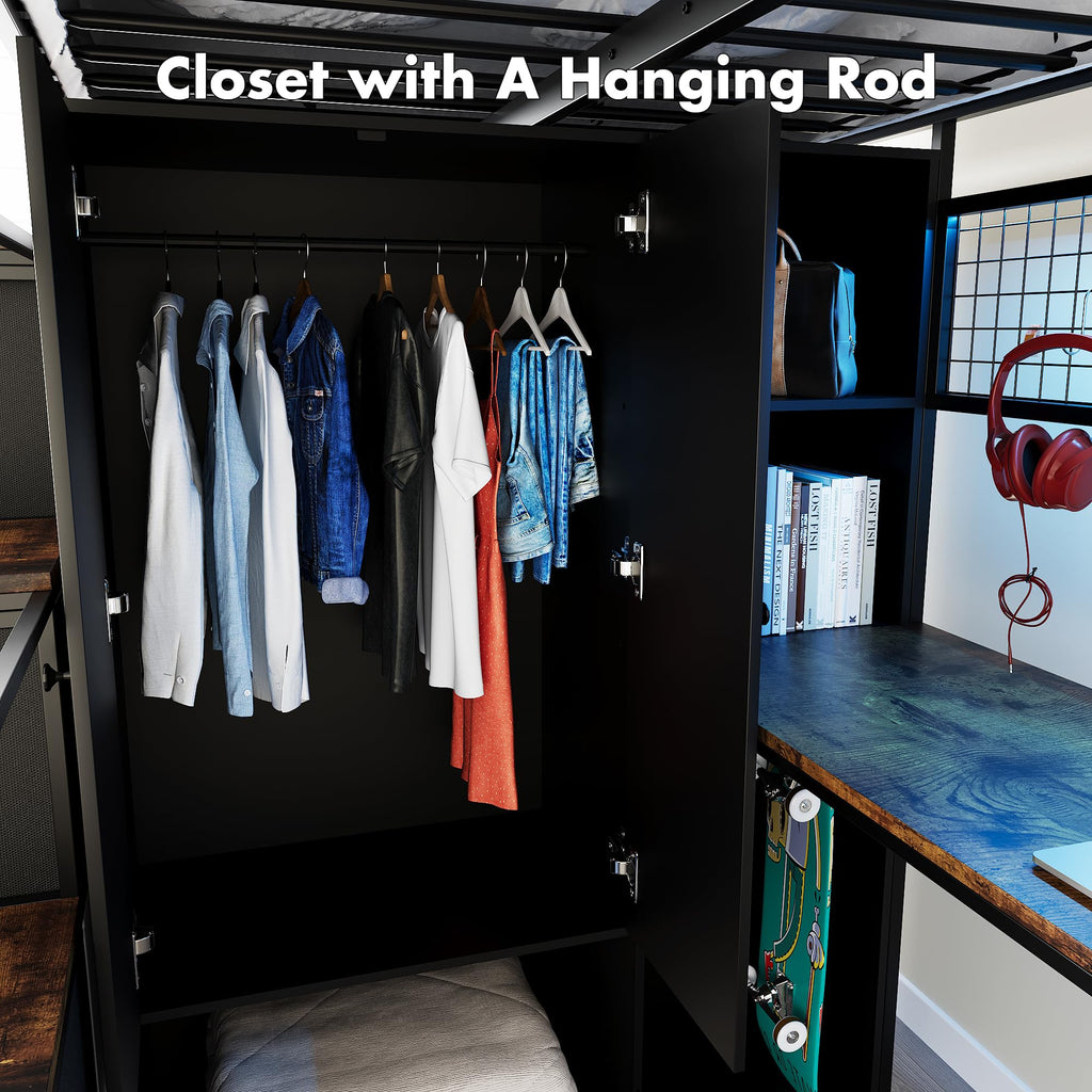 Twin Size Metal Loft Bed with Desk, Stairs, LED Light, Headboard, Guardrail, Charging Station, Closet and Fabric Drawers, Black & Burnt Wood T81346