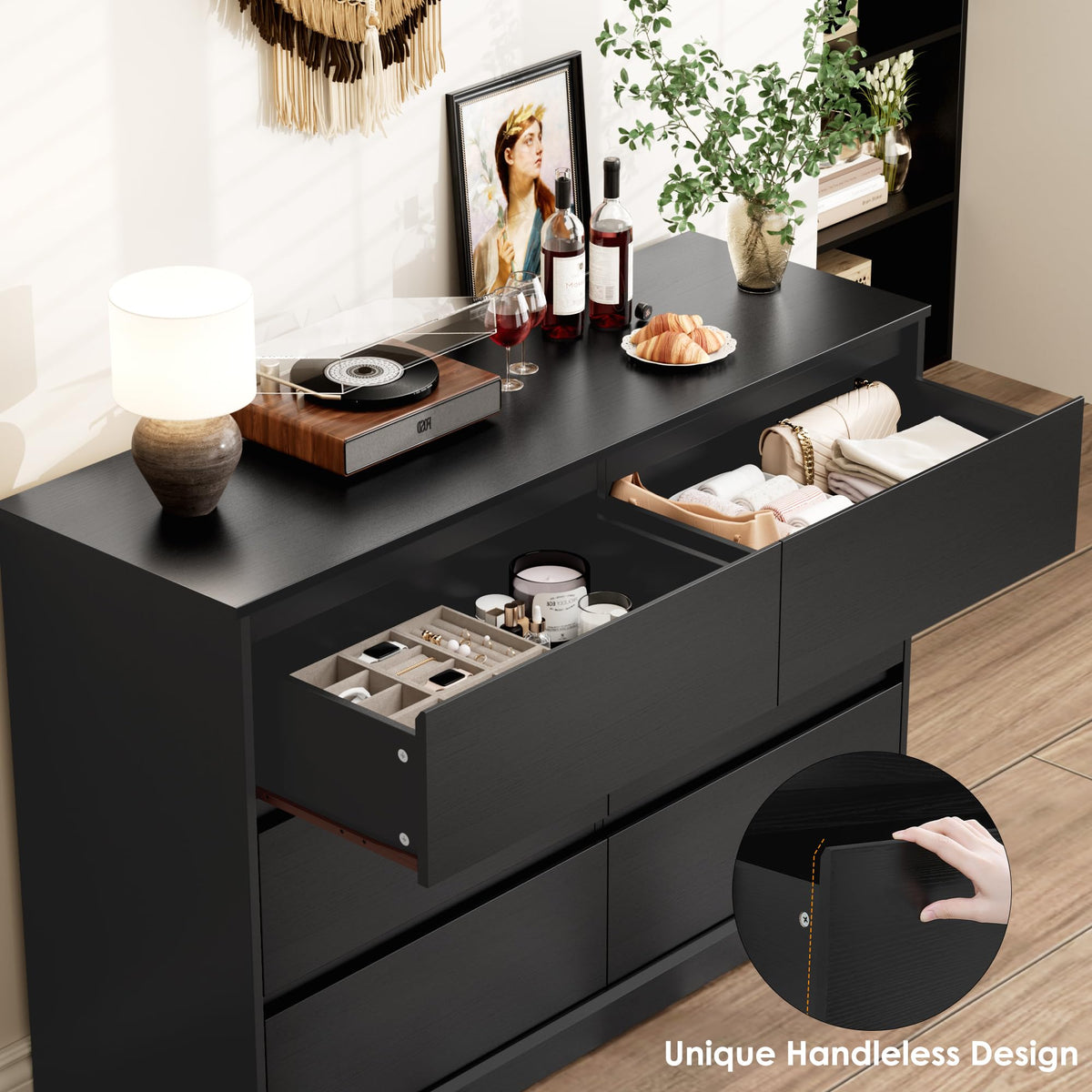 Black 6 Drawer Double Dresser L3447